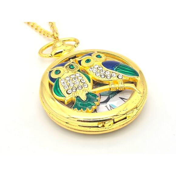 Twin Owls Pocket Watch - Gift for Bird Lovers Gold Owl Pendant Costume Jewelry - Picture 5 of 10